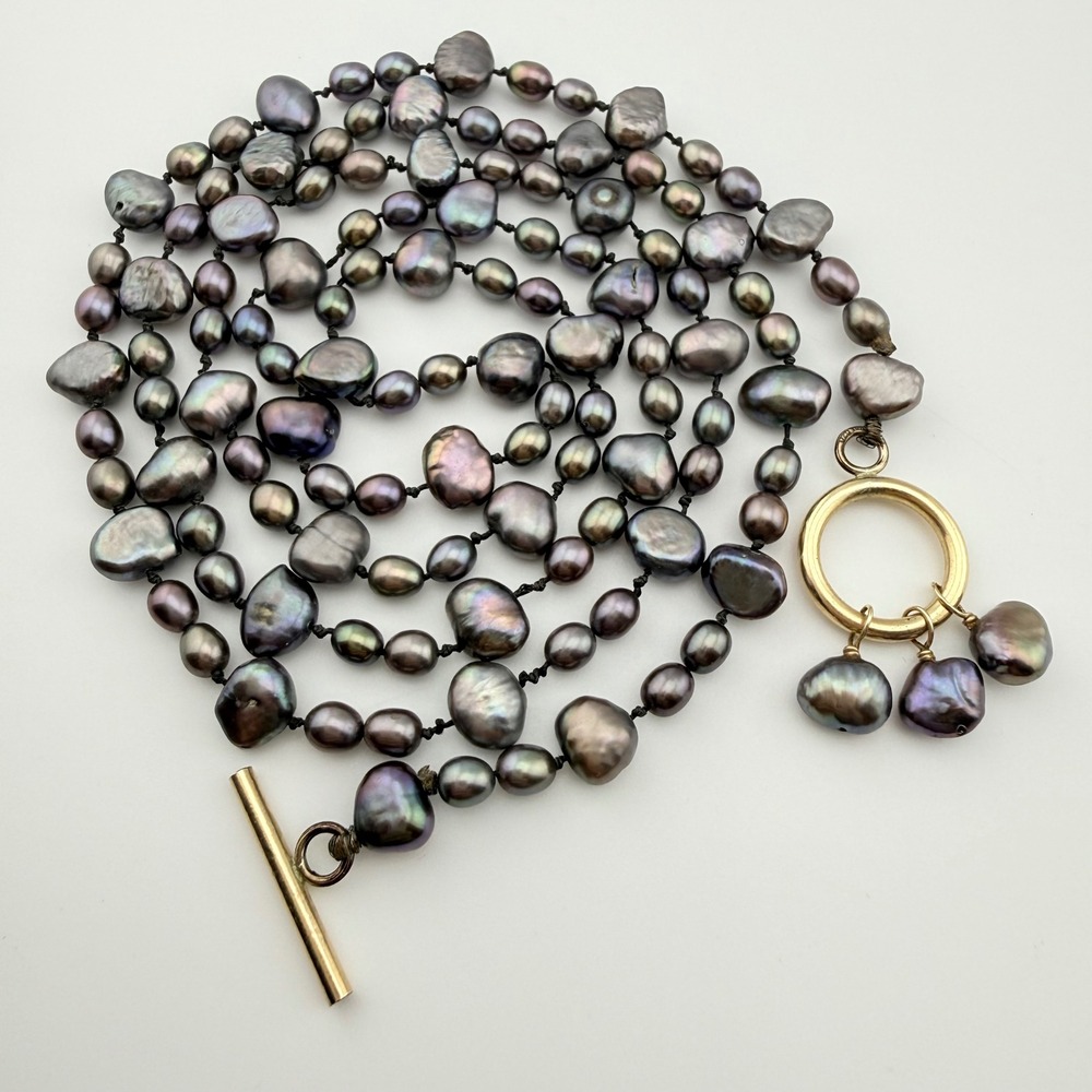 Black Peacock Baroque Pearl Necklace 14k Gold Filled Toggle Opera Length
